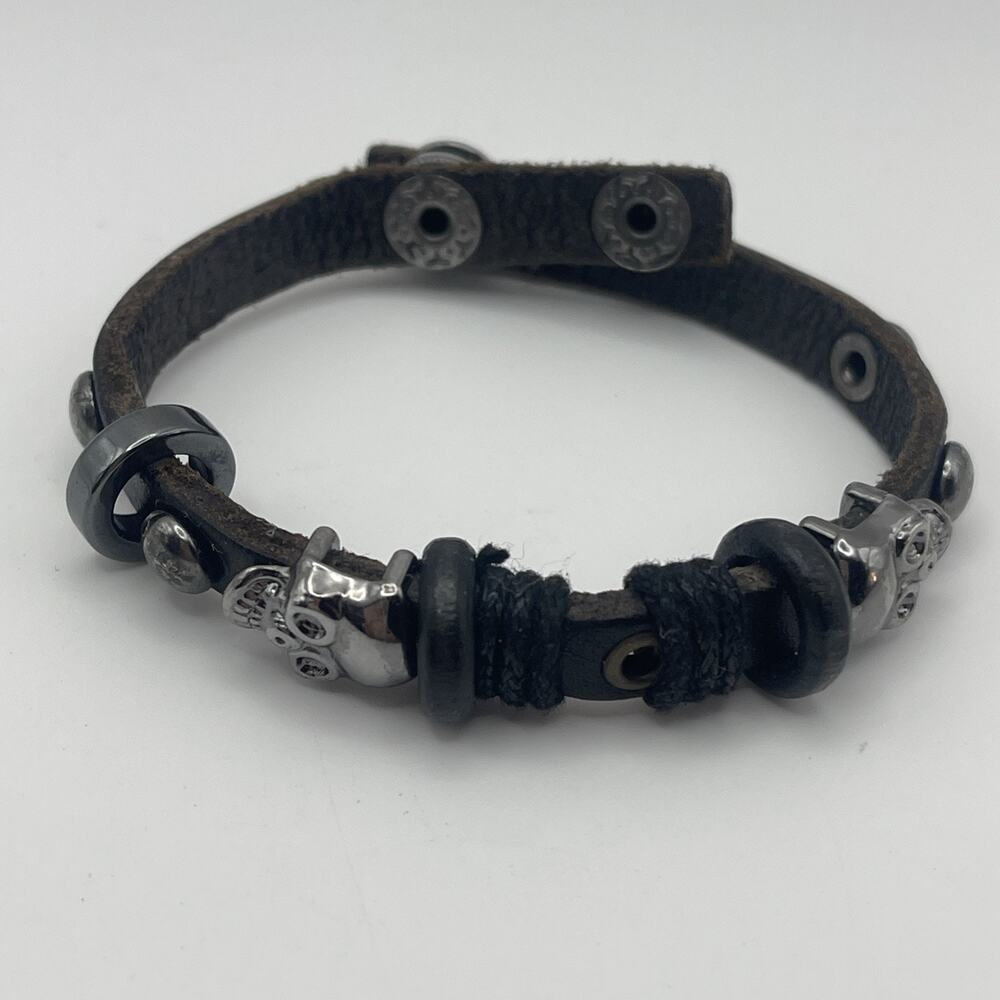 Adjustable Skull Bracelet Brown & Silver Unisex 8”